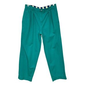 Vintage 90s Pleated Trousers Men Teal Green HEMMED Cotton Twill Retro Eclectic